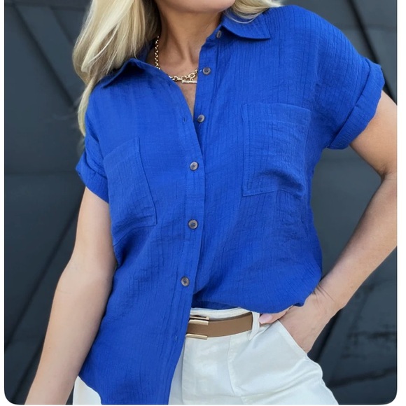 Solid Fold Sleeves Button Down In Royal Blue - Picture 2 of 9